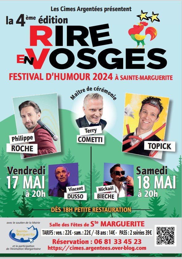 Affiche sur le Festival d'humour Rire en Vosges  Vendredi 17 et samedi 18 mai à sainte-marguerite