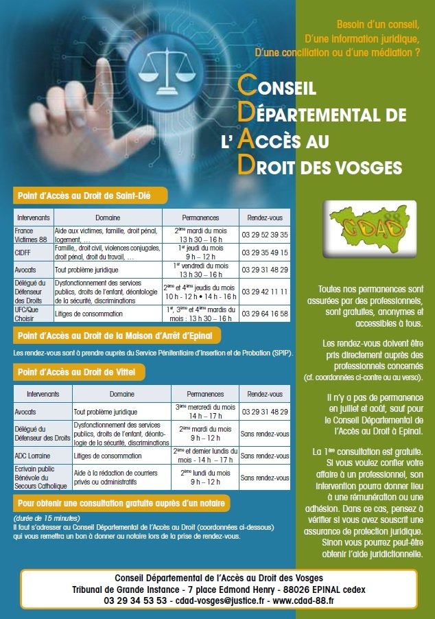 Image du Conseil Départemental de l'Accès au droit des Vosges indiquant les points d'accès au droit sur Saint-dié, épinal et vittel